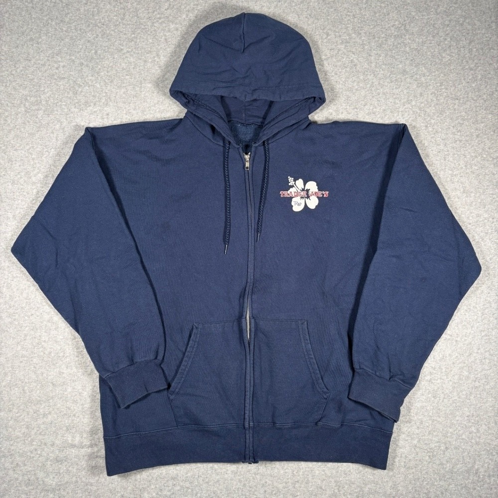 TRADER JOE'S Full Zip Hoodie Men's Large? Navy Hibiscus Graphic Zip